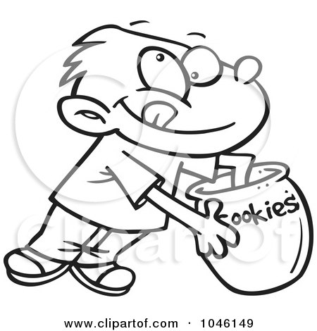 Royalty-Free (RF) Clip Art Illustration of a Cartoon Black And White Outline Design Of A Boy Reaching In A Cookie Jar by toonaday