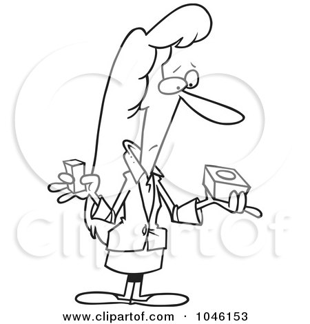 Royalty-Free (RF) Clip Art Illustration of a Cartoon Black And White Outline Design Of A Businesswoman Trying To Fit A Peg Into A Hole by toonaday