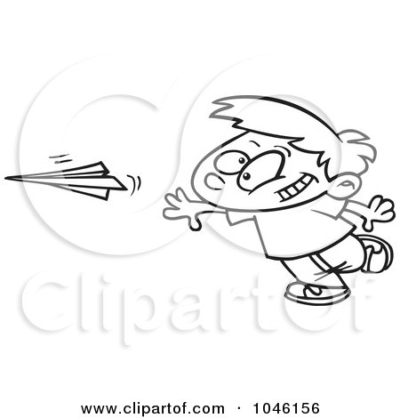 Royalty-Free (RF) Clip Art Illustration of a Cartoon Black And White Outline Design Of A Boy Throwing A Paper Plane by toonaday