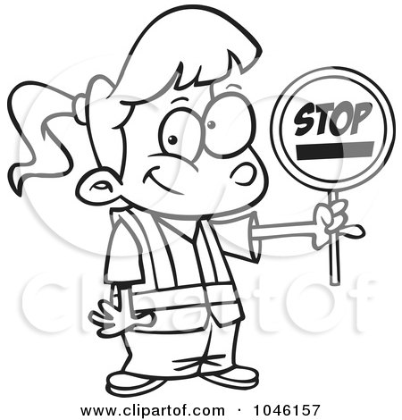 Royalty-Free (RF) Clip Art Illustration of a Cartoon Black And White Outline Design Of A Patrol Girl Holding A Stop Sign by toonaday