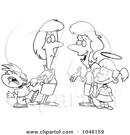 Royalty-Free (RF) Clip Art Illustration of a Cartoon Black And White Outline Design Of Mothers With Contrasting Kids by toonaday