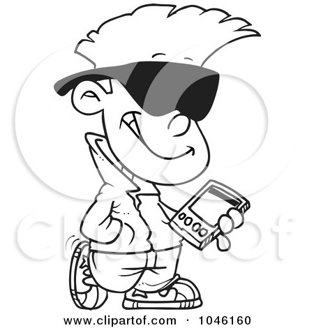 Royalty-Free (RF) Clip Art Illustration of a Cartoon Black And White Outline Design Of A Cool Kid Carrying A Smart Phone by toonaday