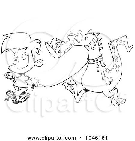 Royalty-Free (RF) Clip Art Illustration of a Cartoon Black And White Outline Design Of A Boy Walking A Dragon by toonaday