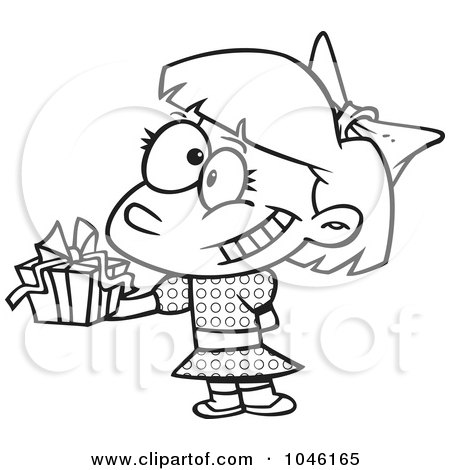 Royalty-Free (RF) Clip Art Illustration of a Cartoon Black And White Outline Design Of A Girl Holding A Gift At A Party by toonaday