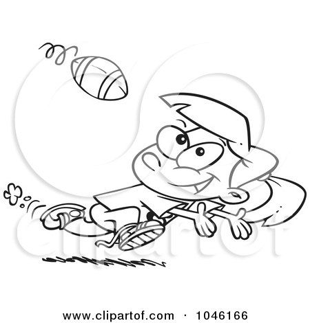Royalty-Free (RF) Clip Art Illustration of a Cartoon Black And White Outline Design Of A Running Girl Catching A Football by toonaday