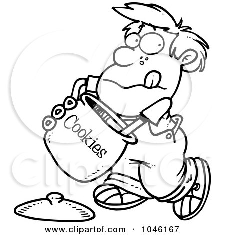 Royalty-Free (RF) Clip Art Illustration of a Cartoon Black And White Outline Design Of A Boy Reaching In The Cookie Jar by toonaday