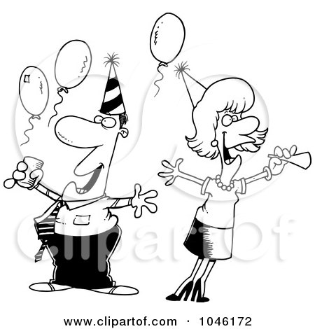 Royalty-Free (RF) Clip Art Illustration of a Cartoon Black And White Outline Design Of A Man And Woman At An Office Party by toonaday