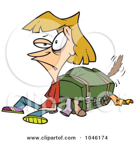 Royalty-Free (RF) Clip Art Illustration of a Cartoon Exhausted Woman By Her Packed Suitcase by toonaday