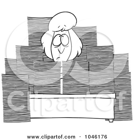 Royalty-Free (RF) Clip Art Illustration of a Cartoon Black And White Outline Design Of A Businesswoman Sitting At Her Desk With Stacks Of Paperwork by toonaday
