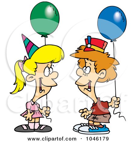 Royalty-Free (RF) Clip Art Illustration of a Cartoon Birthday Boy And Girl With Balloons by toonaday