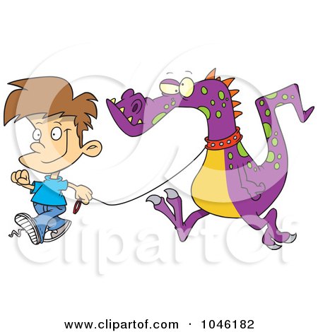 Royalty-Free (RF) Clip Art Illustration of a Cartoon Boy Walking A Dragon by toonaday