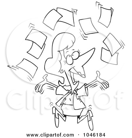 Royalty-Free (RF) Clip Art Illustration of a Cartoon Black And White Outline Design Of A Happy Businesswoman Tossing Paperwork by toonaday