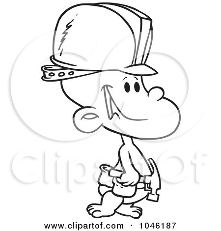 Royalty-Free (RF) Clip Art Illustration of a Cartoon Black And White Outline Design Of A Construction Baby Boy by toonaday