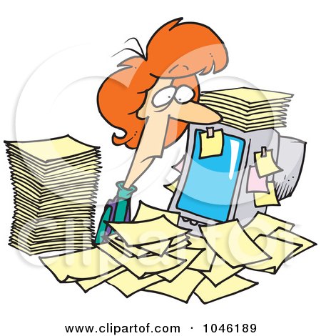 Royalty-Free (RF) Clip Art Illustration of a Cartoon Businesswoman Surrounded By Paperwork At Her Office Desk by toonaday