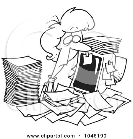 Royalty-Free (RF) Clip Art Illustration of a Cartoon Black And White Outline Design Of A Businesswoman Surrounded By Paperwork At Her Office Desk by toonaday