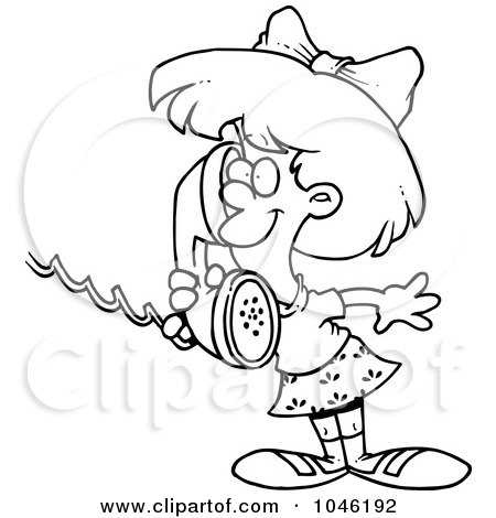 Royalty-Free (RF) Clip Art Illustration of a Cartoon Black And White Outline Design Of A Girl Talking On A Telephone by toonaday