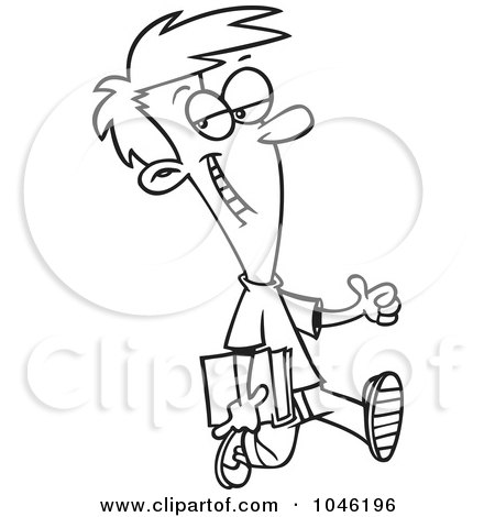 Royalty-Free (RF) Clip Art Illustration of a Cartoon Black And White Outline Design Of A Confident School Boy Holding A Thumb Up by toonaday