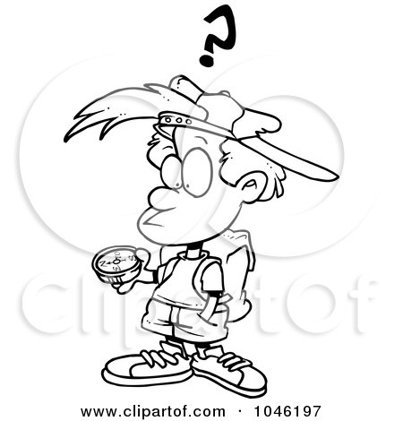 Royalty-Free (RF) Clip Art Illustration of a Cartoon Black And White Outline Design Of A Confused Boy Using A Compass by toonaday