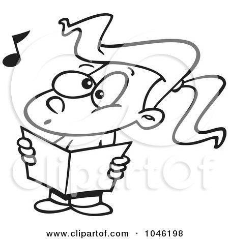 Royalty-Free (RF) Clip Art Illustration of a Cartoon Black And White Outline Design Of A Choir Girl Singing by toonaday