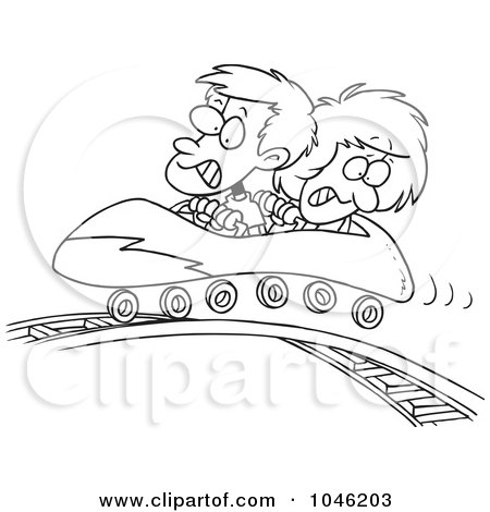 Royalty-Free (RF) Clip Art Illustration of a Cartoon Black And White Outline Design Of A Boy And Girl On A Roller Coaster by toonaday