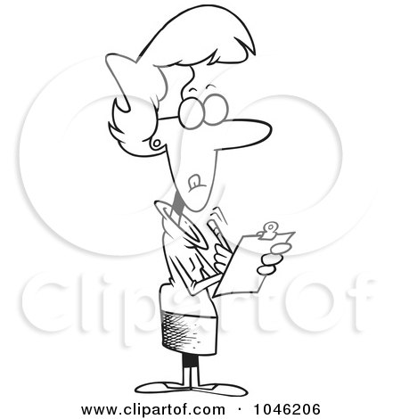 Royalty-Free (RF) Clip Art Illustration of a Cartoon Black And White Outline Design Of A Female Manager Using A Clip Board by toonaday