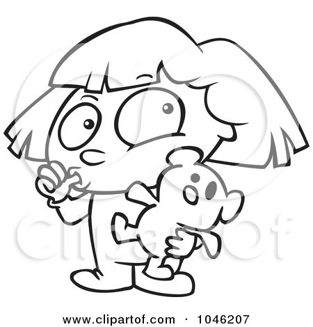 Royalty-Free (RF) Clip Art Illustration of a Cartoon Black And White Outline Design Of A Girl Sucking Her Thumb And Holding A Teddy Bear by toonaday
