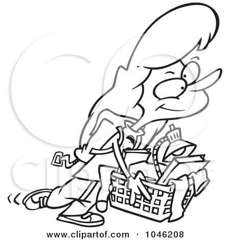 Royalty-Free (RF) Clip Art Illustration of a Cartoon Black And White Outline Design Of A College Girl Carrying A Basket Of Items by toonaday