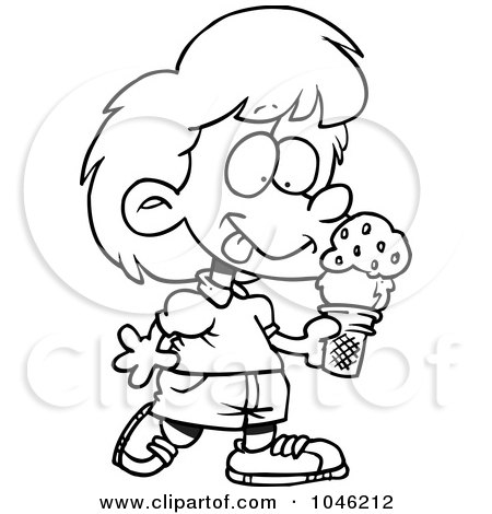 Royalty-Free (RF) Clip Art Illustration of a Cartoon Black And White Outline Design Of A Girl With Ice Cream by toonaday