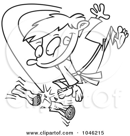 Royalty-Free (RF) Clip Art Illustration of a Cartoon Black And White Outline Design Of A Karate Boy Chopping Wood by toonaday