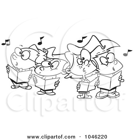 Royalty-Free (RF) Clip Art Illustration of a Cartoon Black And White Outline Design Of A Choir kids Singing by toonaday