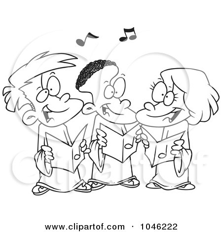 Royalty-Free (RF) Clip Art Illustration of a Cartoon Black And White Outline Design Of Singing Kids In A Choir by toonaday