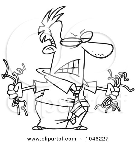Royalty-Free (RF) Clip Art Illustration of a Cartoon Black And White Outline Design Of A Mad Businessman Holding Torn Computer Cables by toonaday