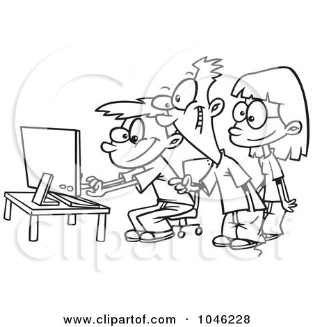 Royalty-Free (RF) Clip Art Illustration of a Cartoon Black And White Outline Design Of Boys And A Girl Using A Computer by toonaday