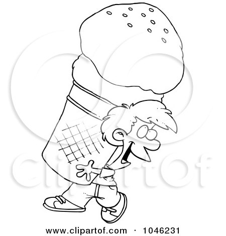 Royalty-Free (RF) Clip Art Illustration of a Cartoon Black And White Outline Design Of A Boy Carrying A Huge Ice Cream Cone by toonaday