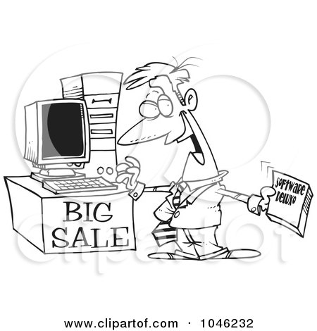 Royalty-Free (RF) Clip Art Illustration of a Cartoon Black And White Outline Design Of A Computer Salesman by toonaday