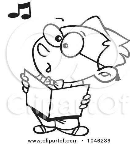 Royalty-Free (RF) Clip Art Illustration of a Cartoon Black And White Outline Design Of A Boy Singing In Choir by toonaday