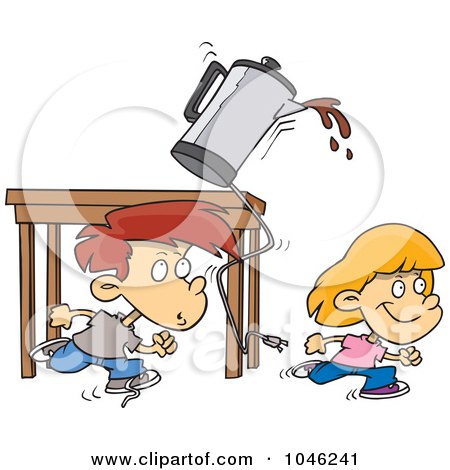 Royalty-Free (RF) Clip Art Illustration of a Cartoon Boy And Girl Running And Knocking Over A Coffee Pot by toonaday