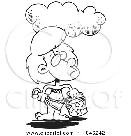 Royalty-Free (RF) Clip Art Illustration of a Cartoon Black And White Outline Design Of A Cloud Over A Girl At A Beach by toonaday
