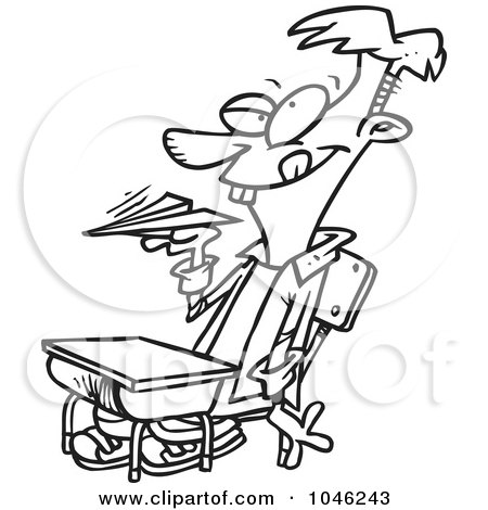 Royalty-Free (RF) Clip Art Illustration of a Cartoon Black And White Outline Design Of A Boy Tossing Paper Planes In Class by toonaday
