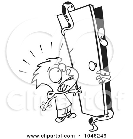 Royalty-Free (RF) Clip Art Illustration of a Cartoon Black And White Outline Design Of A Boy Afraid Of A Monster In A Closet by toonaday