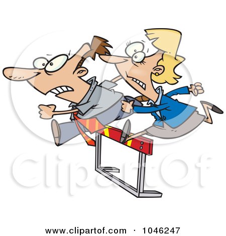 Royalty-Free (RF) Clip Art Illustration of a Cartoon Racing Business Man And Woman Jumping Over A Hurdle by toonaday