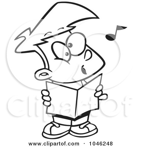 Royalty-Free (RF) Clip Art Illustration of a Cartoon Black And White Outline Design Of A Choir Boy Singing by toonaday