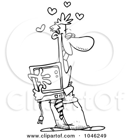 Royalty-Free (RF) Clip Art Illustration of a Cartoon Black And White Outline Design Of A Businessman Hugging His Computer by toonaday