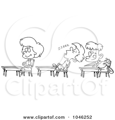 Royalty-Free (RF) Clip Art Illustration of a Cartoon Black And White Outline Design Of A Boy Napping In Class by toonaday