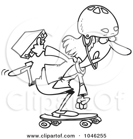 Royalty-Free (RF) Clip Art Illustration of a Cartoon Black And White Outline Design Of A Businesswoman Skateboarding To Work by toonaday