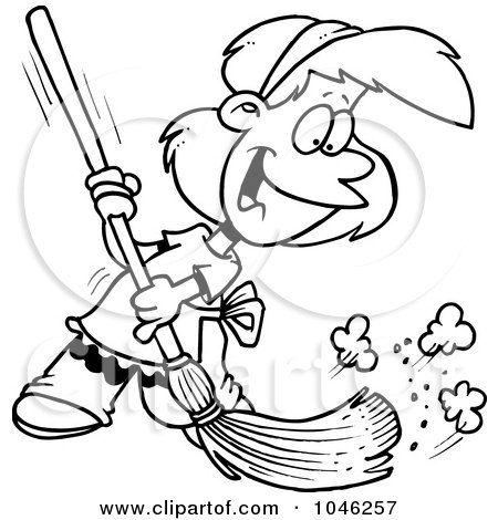 Royalty-Free (RF) Clip Art Illustration of a Cartoon Black And White Outline Design Of A Girl Sweeping by toonaday