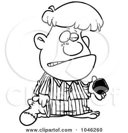 Royalty-Free (RF) Clip Art Illustration of a Cartoon Black And White Outline Design Of A Boy Receiving Coal For Christmas by toonaday