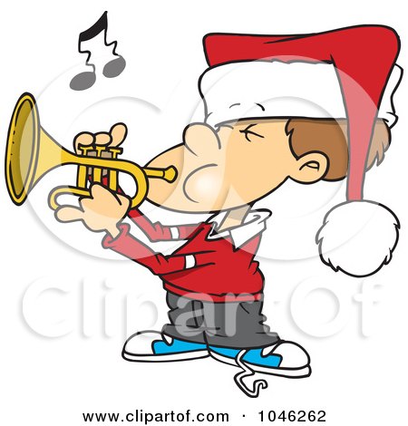 Royalty-Free (RF) Clip Art Illustration of a Cartoon Boy Playing Christmas Music On A Trumpet by toonaday