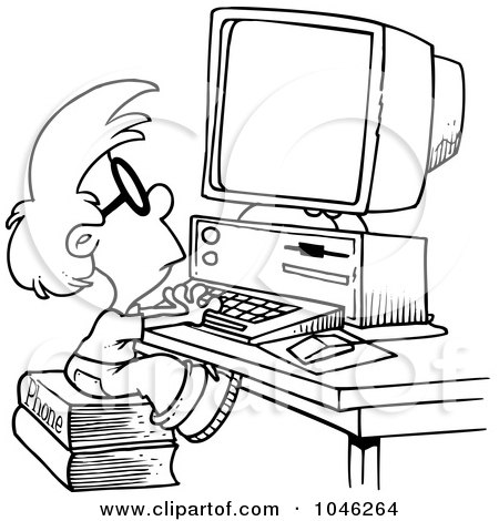 Royalty-Free (RF) Clip Art Illustration of a Cartoon Black And White Outline Design Of A Smart Boy Using A Computer by toonaday