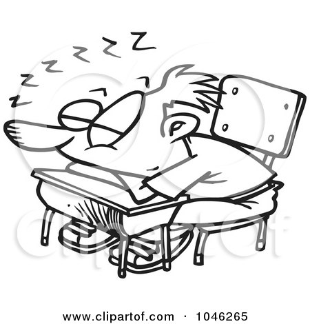 Royalty-Free (RF) Clip Art Illustration of a Cartoon Black And White Outline Design Of A School Boy Sleeping On His Desk by toonaday